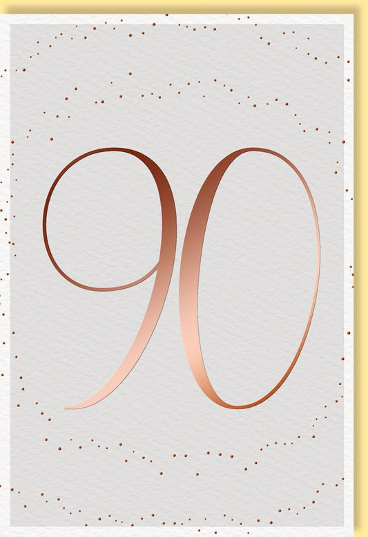 Geburtstagskarte 90: Elegante Kupferzahl auf Weiß mit Goldpunkten, hochwertiges Papier für besondere Anlässe