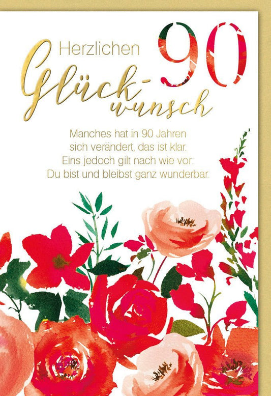 Geburtstagskarte 90 Jahre - Aquarell Blumen, Herzlicher Jubiläumsgruß zur Feier