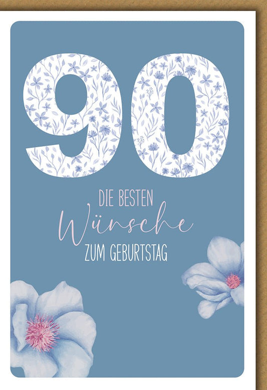 Geburtstagskarte 90 Jahre – Florale 90 mit zarten Blüten auf blauem Hintergrund