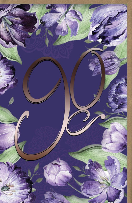 Geburtstagskarte 90 Jahre - Lila Blumen & Große Zahl, Elegante Glückwünsche für Jubiläum
