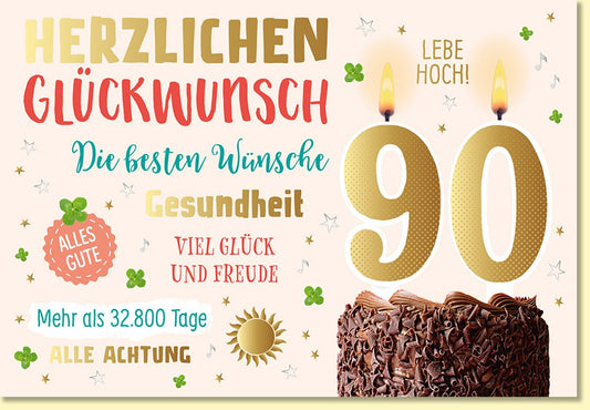 Geburtstagskarte 90 Jahre mit Torte und Kerzen Herzlichen Glückwunsch Viel Glück Gesundheit Alles Gute Jubiläumskarte für Senioren