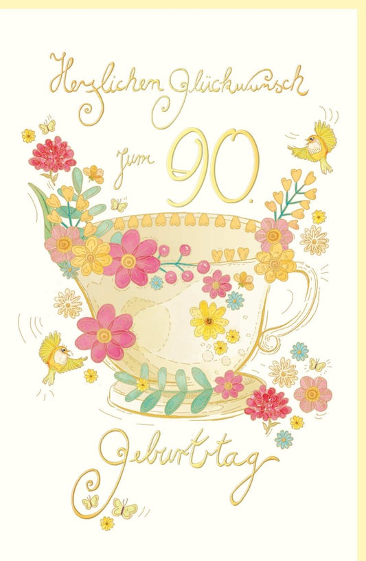 Geburtstagskarte 90 Jahre - Vintage Design mit Blumen, Tasse & Schmetterlingen in Pastell für eine herzliche Jubiläumsfeier