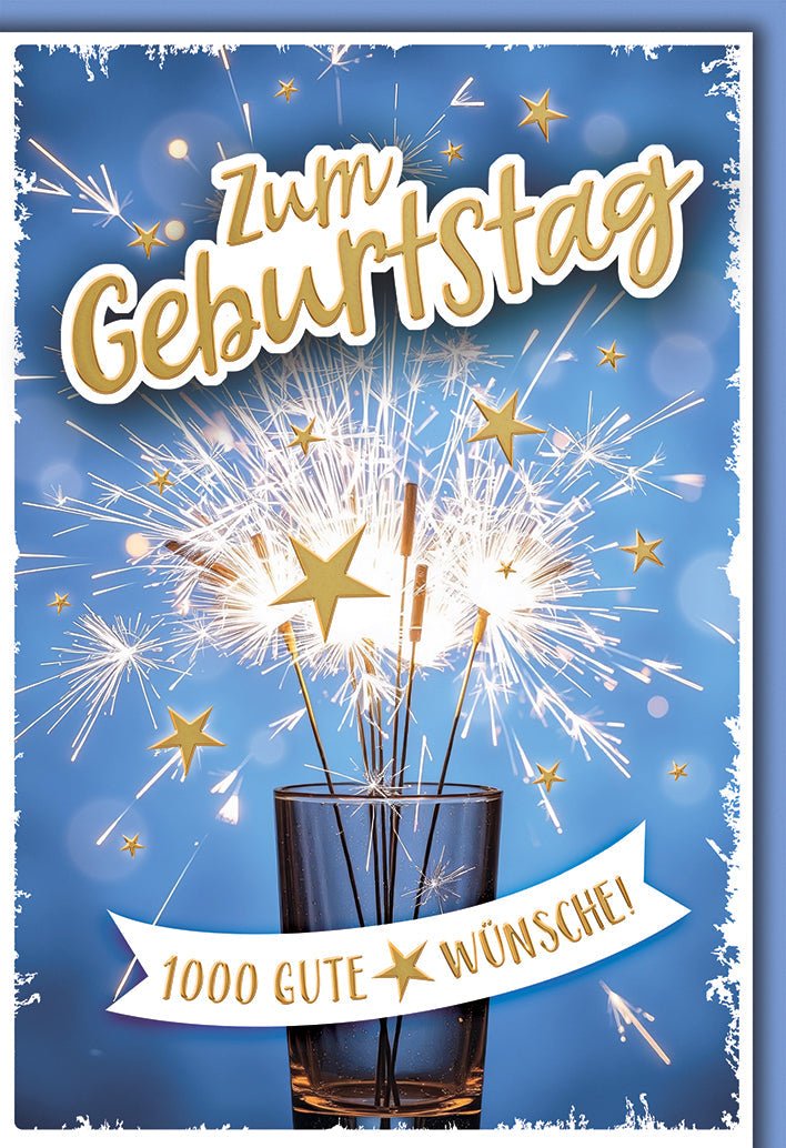 Geburtstagskarte Allgemein – Wunderkerzen im Glas mit goldenen Sternen und festlichem Flair