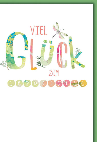 Geburtstagskarte Aquarell – Bunte Buchstaben mit Libelle und floralen Akzenten