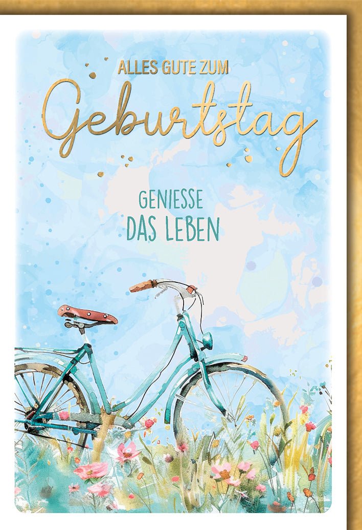 Geburtstagskarte Aquarell – Vintage Fahrrad in Blumenwiese mit Goldschrift