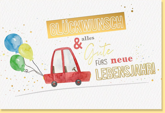 Geburtstagskarte Auto & Luftballons, Aquarell auf Naturkarton mit Goldfolie, Festliche Glückwunschkarte Geburtstag
