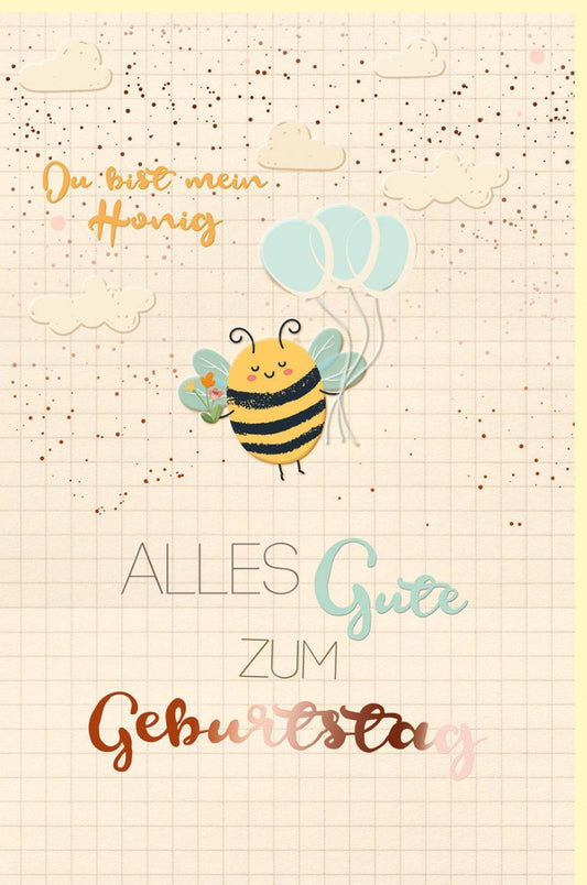Geburtstagskarte Bienen & Luftballons - Stilvolle Glückwünsche auf Zuckerrohrpapier, Pastellgelb, umweltfreundlich für Kinder & Erwachsene