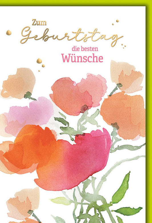 Geburtstagskarte Blumen Aquarell – Bunte Mohnblumen mit Goldakzenten