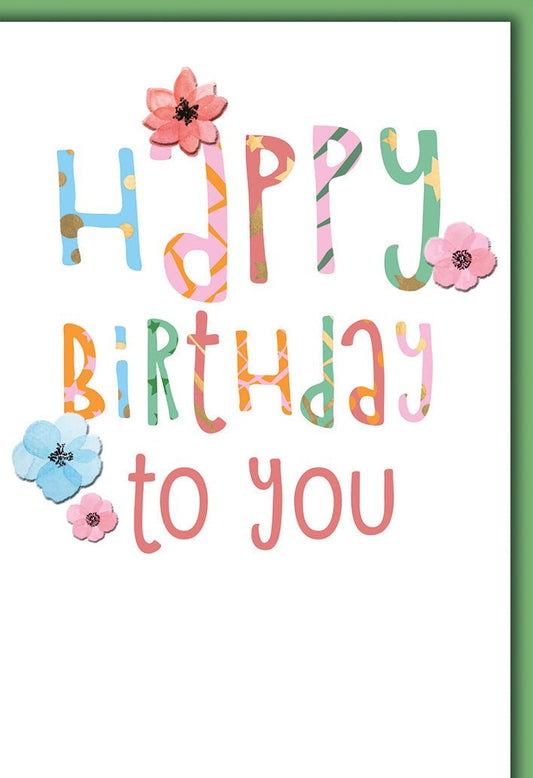 Geburtstagskarte Blumen – Bunte Buchstaben mit verspielten Blütenakzenten