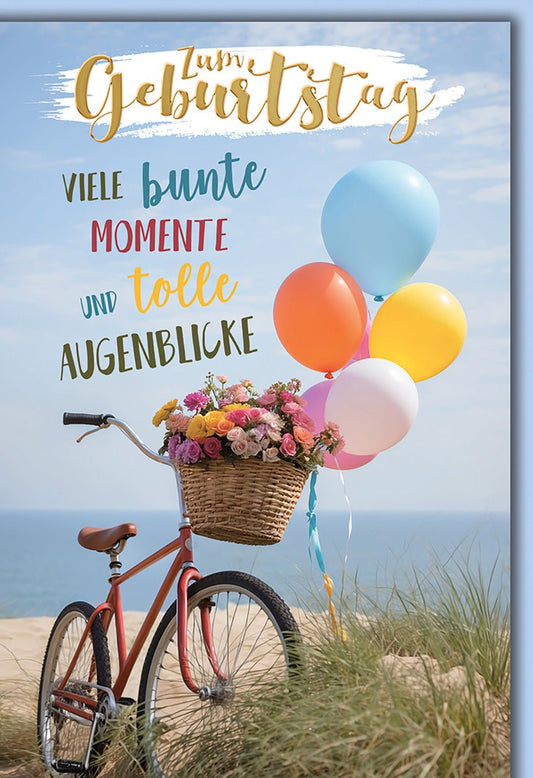 Geburtstagskarte Blumen – Fahrrad mit Ballons am Strand und bunter Schriftzug