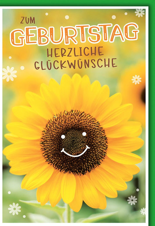 Geburtstagskarte Blumen – Fröhliche Sonnenblume mit Lächeln und verspieltem Design