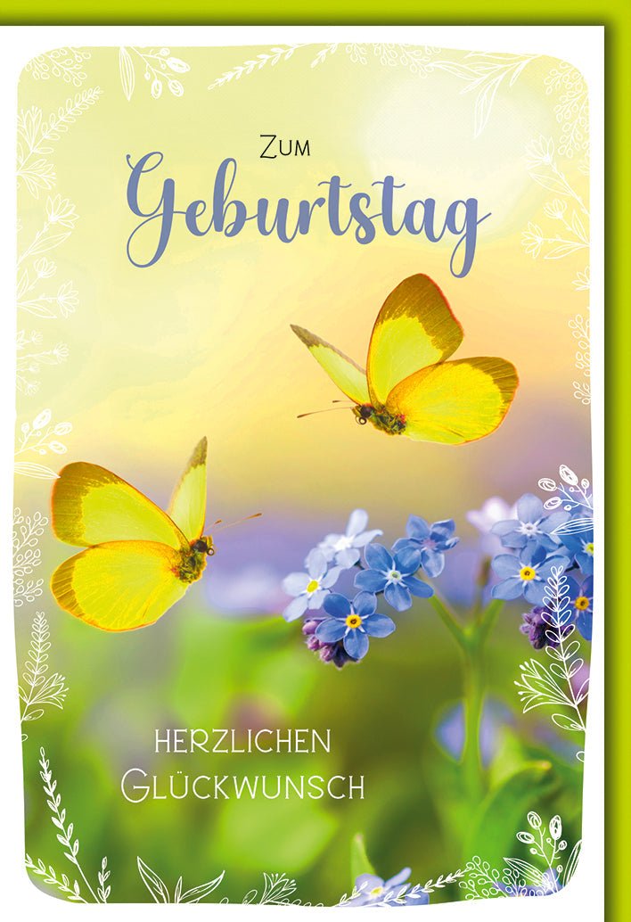 Geburtstagskarte Blumen – Gelbe Schmetterlinge auf Vergissmeinnicht in Aquarelloptik