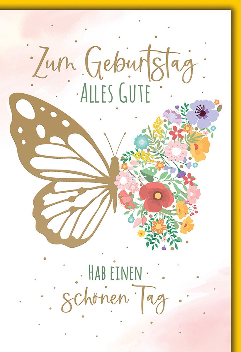 Geburtstagskarte Blumen – Goldener Schmetterling mit buntem Blumendesign und Aquarellhintergrund