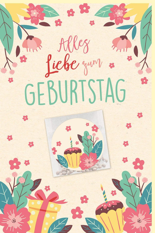 Geburtstagskarte Blumen & Muffin Design - Nachhaltiges Zuckerrohrpapier, Inkl. Samentütchen & Aufkleber, Perfekt für Gartenliebhaber