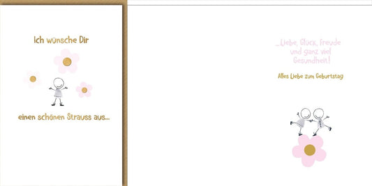 Geburtstagskarte Blumen – Niedliche Strichmännchen mit rosa Blüten und Humor