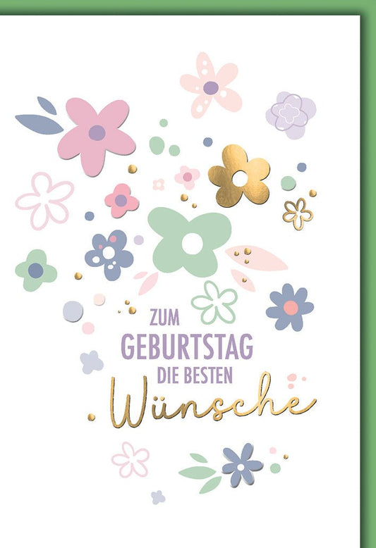 Geburtstagskarte Blumen – Pastellblüten mit Goldakzenten und modernem Schriftzug