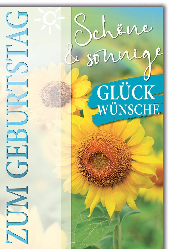 Geburtstagskarte Blumen – Sonnenblumen mit Sonnenschein und handgeschriebenem Text