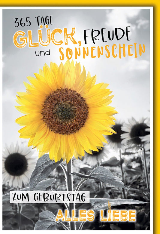 Geburtstagskarte Blumen – Strahlende Sonnenblume mit fröhlichem Schriftzug in Gelb