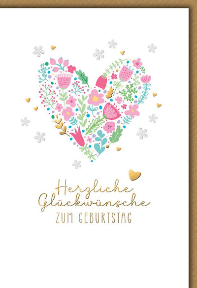 Geburtstagskarte Blumenherz – Bunte Blüten mit Goldakzenten