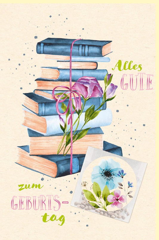 Geburtstagskarte Bücherstapel mit Blumen Aquarell Glückwunschkarte zum Geburtstag liebevolle Doppelkarte für Buchliebhaber florales Design