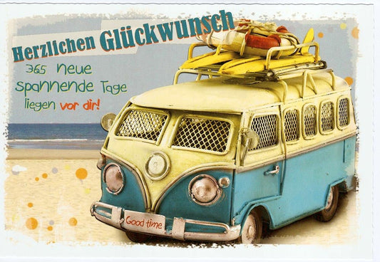 Geburtstagskarte Bulli am Strand mit Gepäck und Surfbrett Retro Design 365 neue spannende Tage Glückwunschkarte Geburtstag