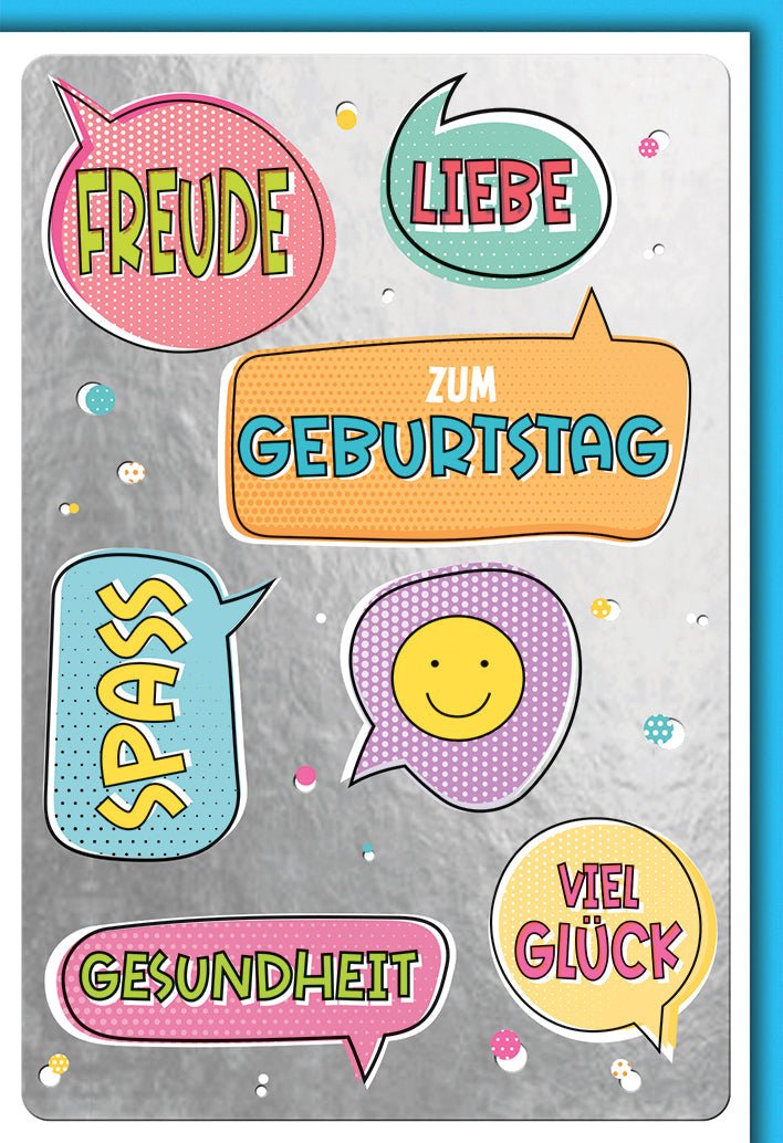 Geburtstagskarte Bunt – Comic - Sprechblasen mit fröhlichen Wünschen und Smiley