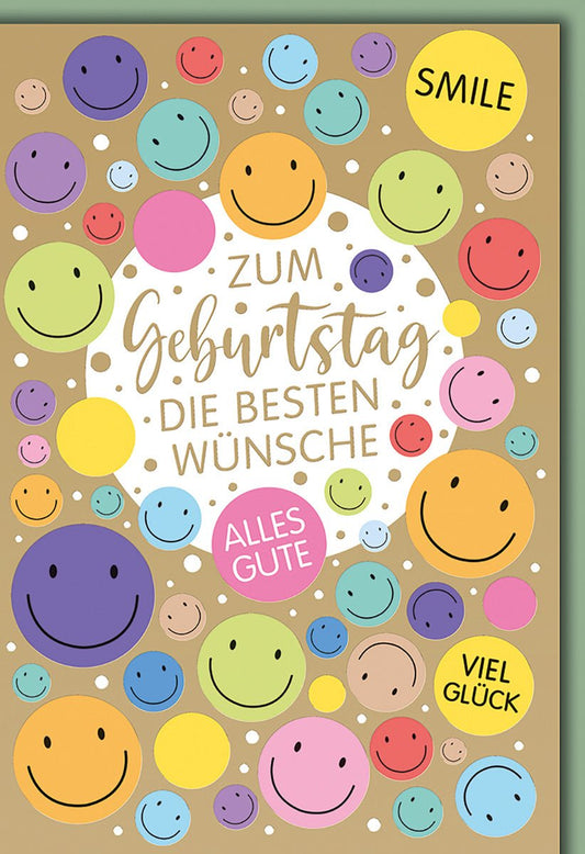 Geburtstagskarte Bunt – Fröhliche Smileys mit Gute - Laune - Sprüchen und Pastellfarben