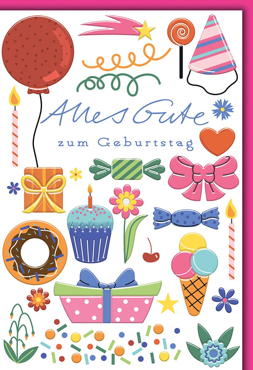 Geburtstagskarte Bunt – Luftballon und Cupcake mit verspielten Party - Elementen