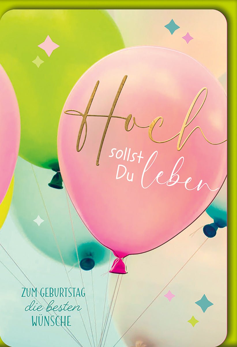 Geburtstagskarte Bunt – Pastellballons mit Goldschrift und verspielten Sternen