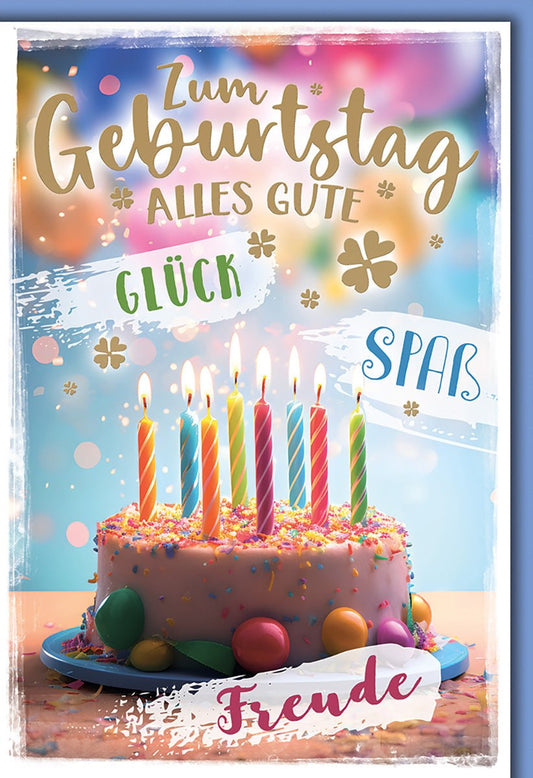 Geburtstagskarte Bunt – Regenbogenkerzen auf Konfettitorte mit Glücks - und Spaßwünschen