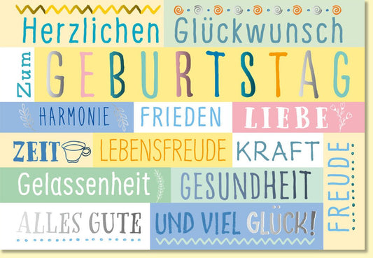 Geburtstagskarte bunte Glückwünsche mit Lebensfreude Gesundheit Liebe Kraft und viel Glück fröhliches Design für Geburtstag