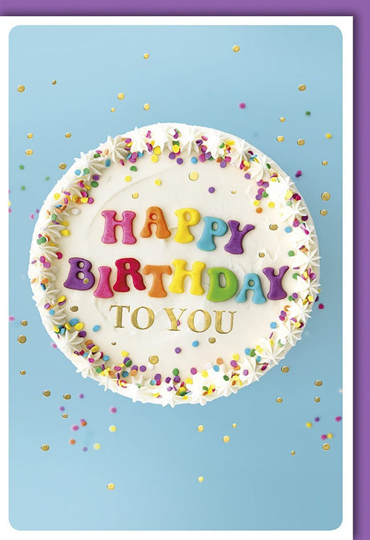 Geburtstagskarte: Bunte Happy Birthday Torte mit Konfetti und Streuseln auf Blauem Hintergrund für Feierlichkeiten