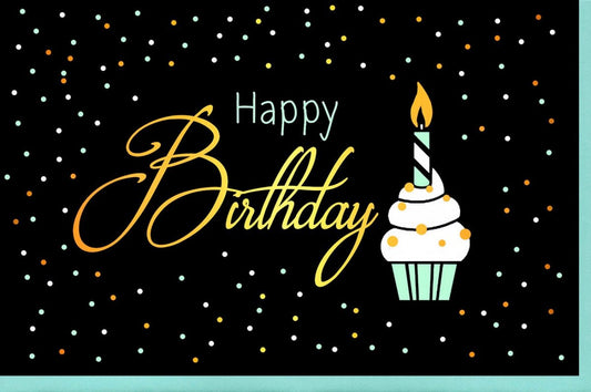 Geburtstagskarte - Bunte Torte & Kerzen, Konfetti - Design, Cupcake - Motiv für festliche Gratulation, "Happy Birthday"