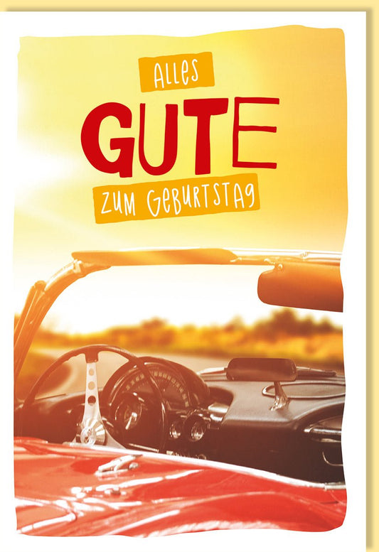 Geburtstagskarte "Cabrio Sunset" - Vintage Design für Auto - und Oldtimer - Liebhaber, stilvolle Karte in warmen Rot - und Gelbtönen, ideal für Sammler.