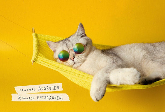 Geburtstagskarte – Chillige Katze mit Sonnenbrille in Hängematte auf Gelbem Zuckerrohrpapier, Sommerlicher Humor
