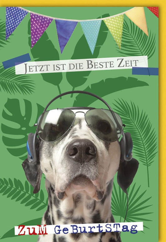 Geburtstagskarte Dalmatiner mit Brille - Humorvolle Hundeparty, Musik & Spaß, Tierische Grüße