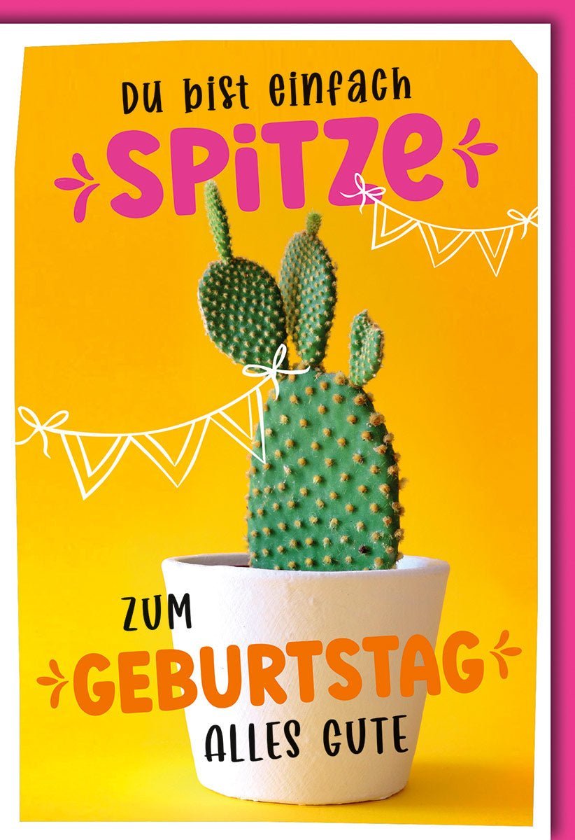 Geburtstagskarte: Du bist spitze - Kaktus im Topf, bunte Schrift, gelber Hintergrund, weiße Wimpelkette