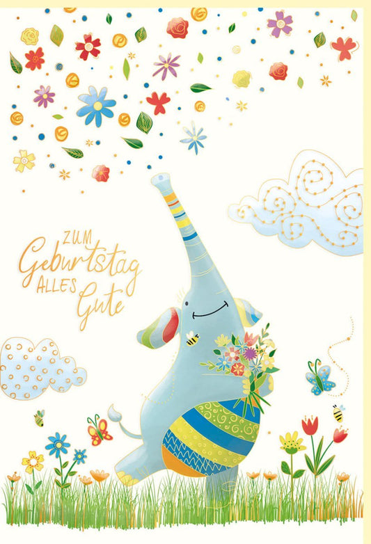 Geburtstagskarte Elefant & Blumen, Naturkarton veredelt mit Goldfolie und Blindprägung, Festliche Illustration für alle Altersgruppen