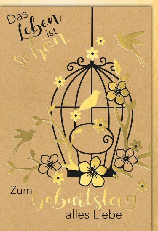 Geburtstagskarte - Elegantes Vogelkäfig - Design mit Goldblüten für besondere Glückwünsche