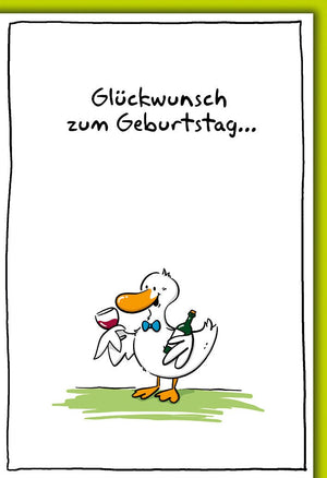 Geburtstagskarte Erwachsene – Fröhliche Ente mit Sekt und Wein im Cartoon-Stil