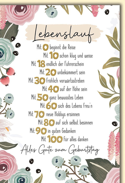 Geburtstagskarte Erwachsene – Lebenslauf Gedicht mit Blumen und Goldakzenten