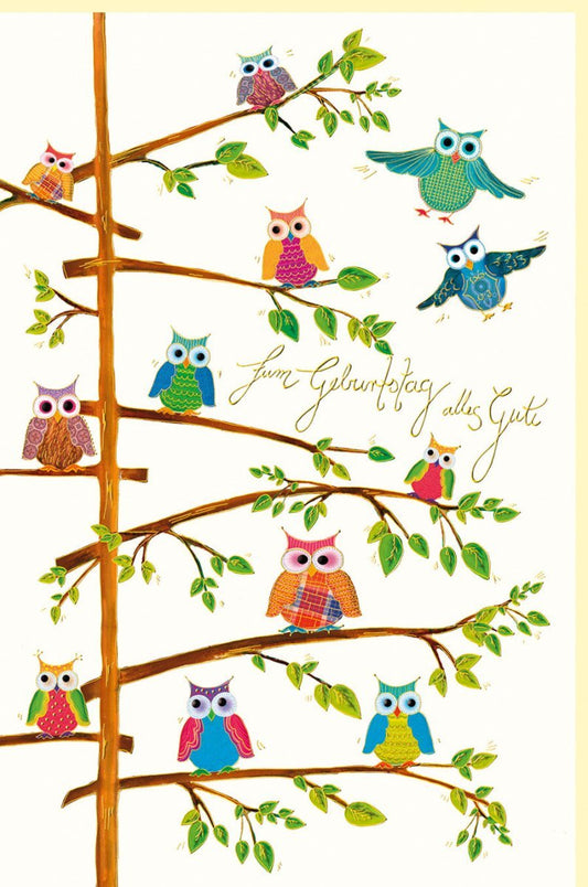 Geburtstagskarte "Eulenzauber" - Naturkarton, Goldfolie & Blindprägung im Skorpion - Design, Premium - Glückwunschkarte