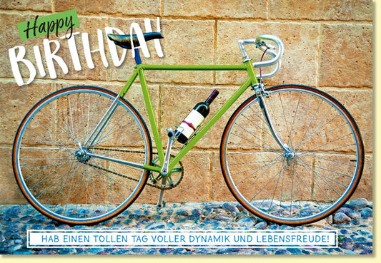 Geburtstagskarte Fahrrad mit Weinflasche und Spruch Happy Birthday moderne Glückwunschkarte Geburtstag Lebensfreude für Radfahrer