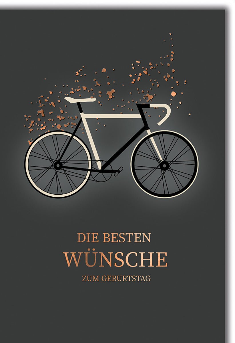 Geburtstagskarte Fahrradliebhaber – Modernes Fahrrad mit Kupferakzenten auf Dunkelgrau