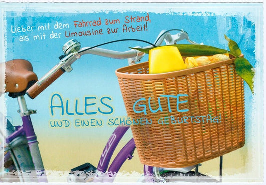 Geburtstagskarte Fahrradmotiv mit Korb und Sonnenblumen Alles Gute und einen schönen Geburtstag farbenfrohe Glückwunschkarte