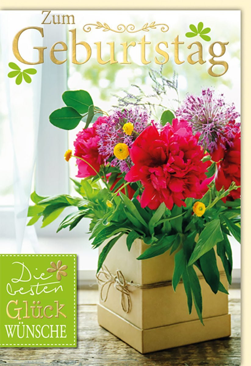 Geburtstagskarte: Farbenfrohe Blüten und Glückwünsche mit Blumenstrauß in Vase