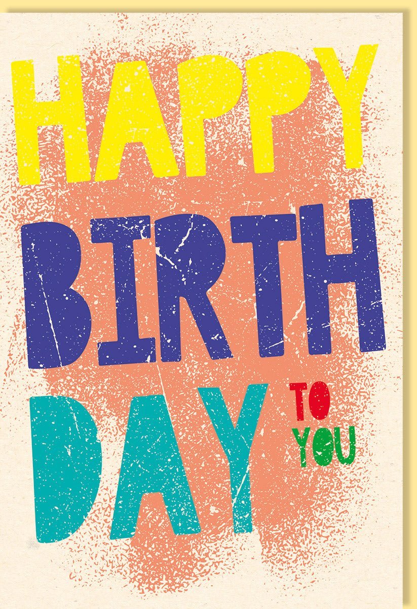 Geburtstagskarte - Farbenfroher Schriftzug auf Zuckerrohrpapier in Gelb, Blau & Rot, Glückwunschkarte für Erwachsene und Kinder