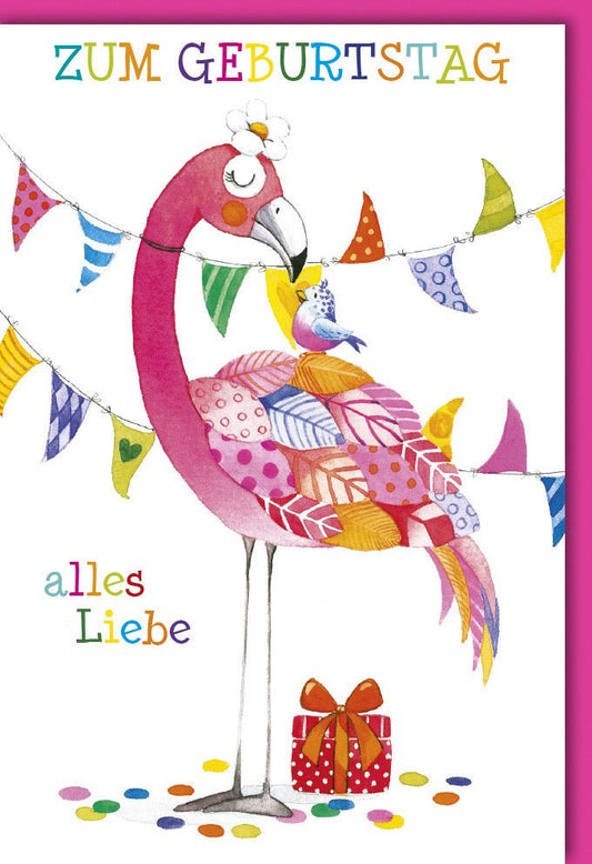Geburtstagskarte - Flamingo & Wimpelkette Design, Farbenfrohe Glückwünsche mit Konfetti