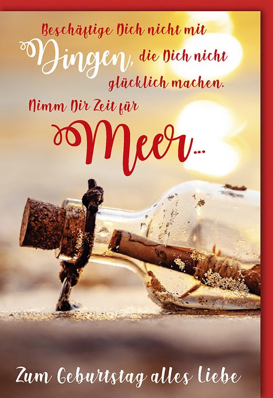 Geburtstagskarte Flaschenpost am Strand: Nimm Dir Zeit für Meer und Glück, alles Liebe zum Geburtstag