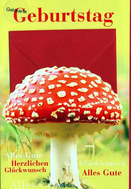 Geburtstagskarte Fliegenpilz mit rotem Umschlag Glückwunschkarte Alles Gute zum Geburtstag Doppelkarte originelles Pilz Motiv